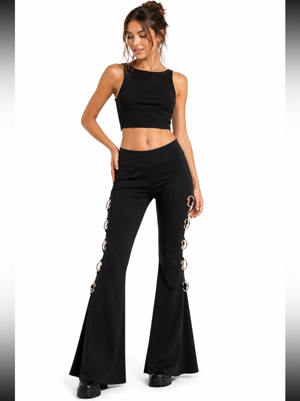 Clovis Black Stretch Flare Pants with Silver Ring Sides — Size M
